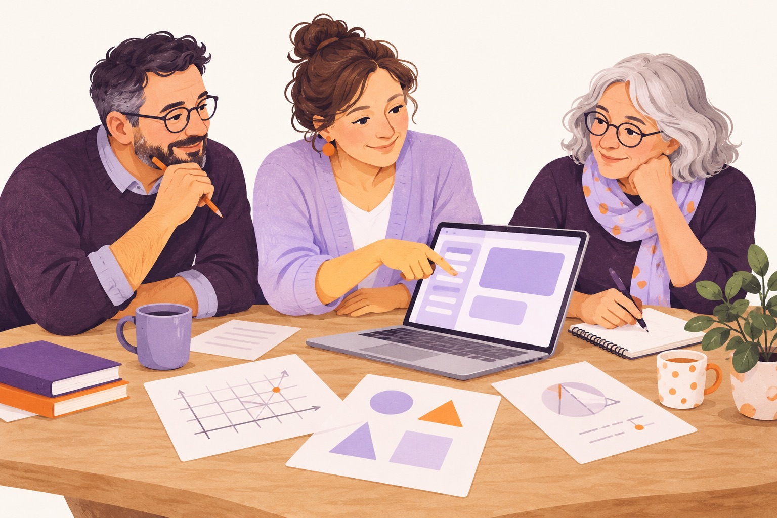 Ilustrācija: skolotāji kopīgi izskata stundas materiālus pie datora.